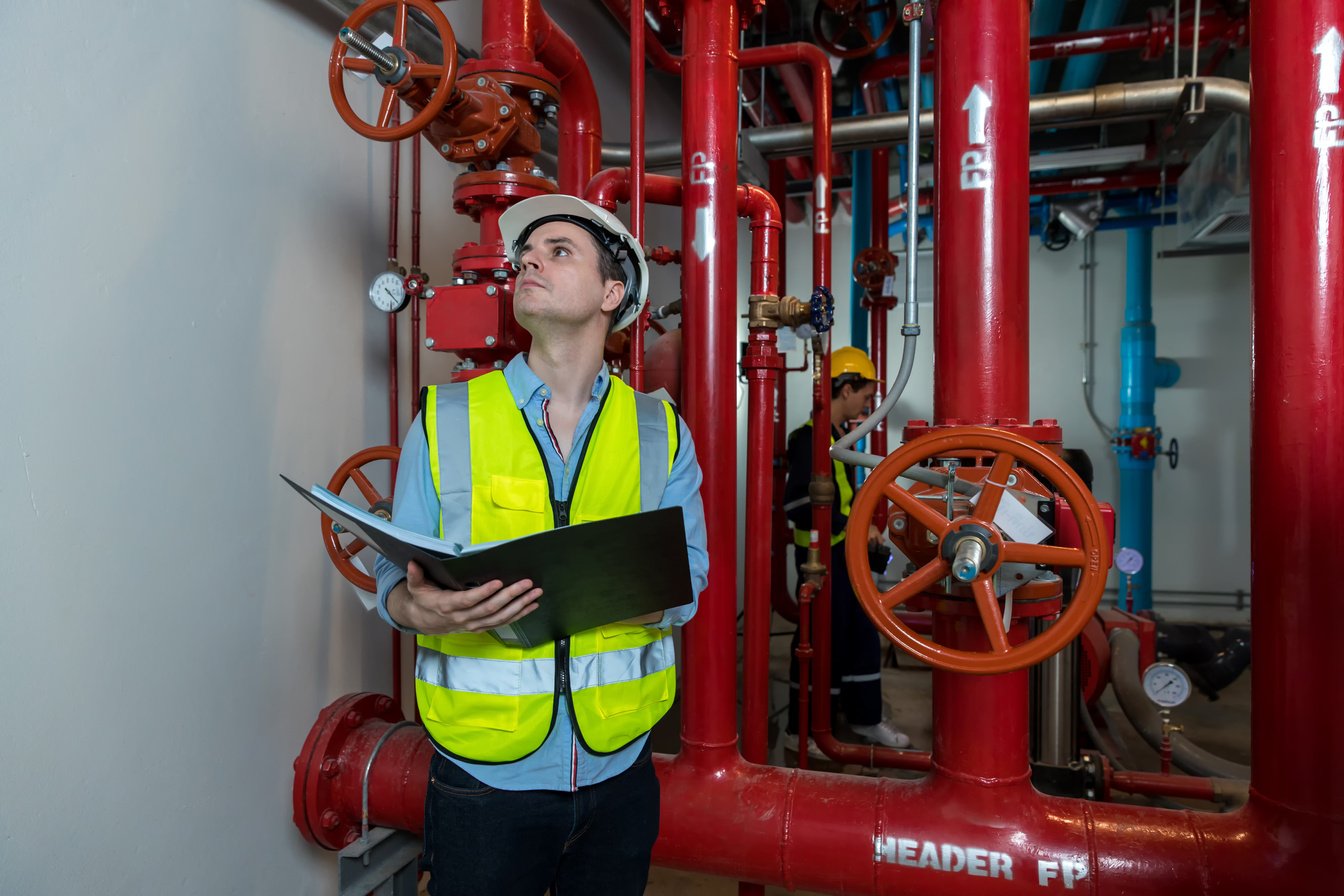 Engineer or technician work checking Fire suppression system and fire equipment.